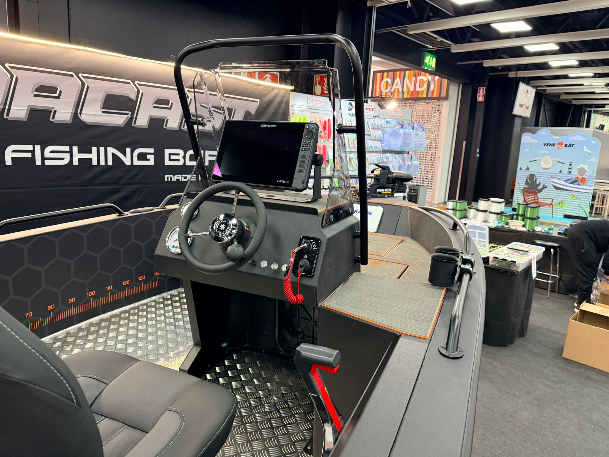 Predacast 430 Striker fishing boat equipped with large Lowrance sonar screens.