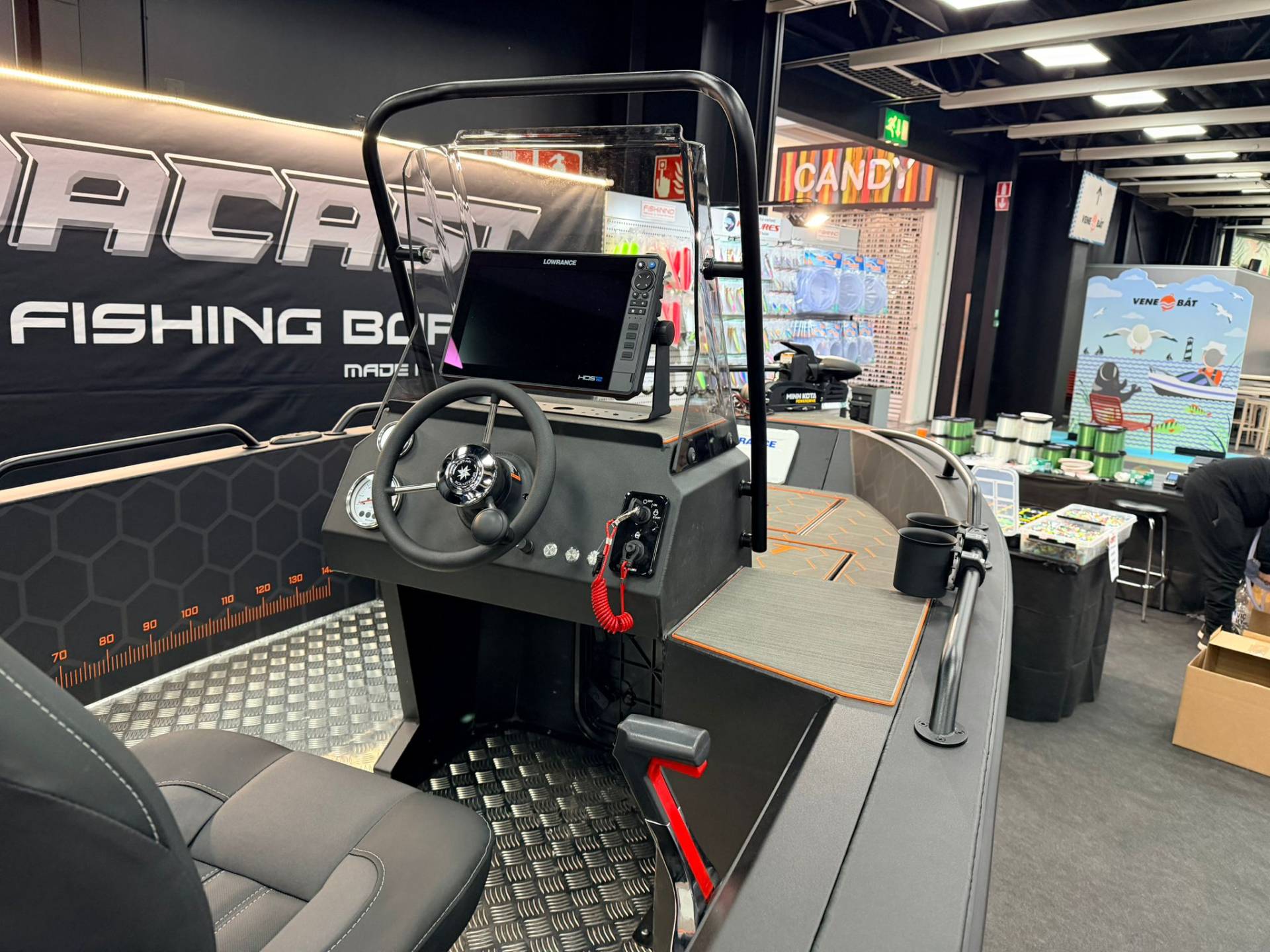 Predacast 430 Striker fishing boat equipped with large Lowrance sonar screens.